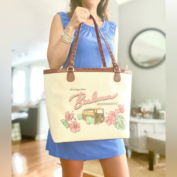 NWT Brahmin Pecan Pipa Leather and canvas Tote Bag and wristlet - Picture 3 of 14